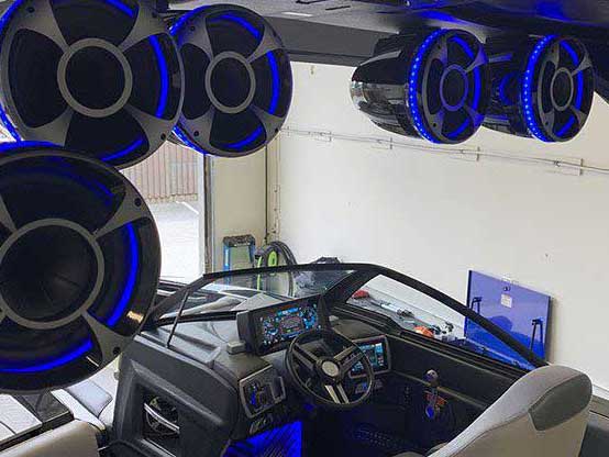 Custom marine audio system with blue LED lights