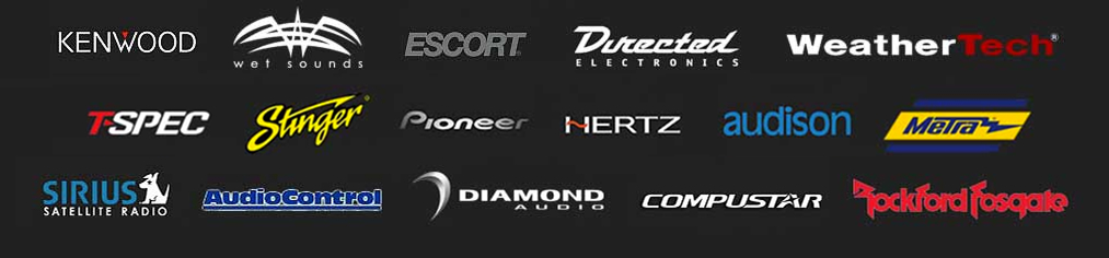 A collection of brand logos: Kenwood, Wet Sounds, Escort, Directed Electronics, WeatherTech, T-Spec, Stinger, Pioneer, Hertz, Audison, Metra, Sirius Satellite Radio, AudioControl, Diamond Audio, Compustar, and Rockford Fosgate